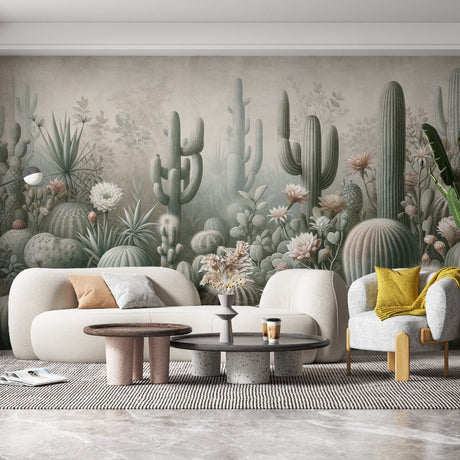 Desert cactus wallpaper creating a stunning backdrop in a bright modern living room with minimal furniture