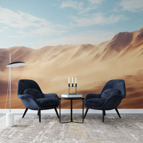 Desert wallpaper mural creating depth in a modern living room, soft sand dunes adding warmth to the space