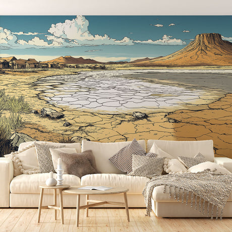 Desert landscape wallpaper creating a stunning focal point in a modern living room with minimal furniture