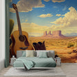 Desert music wallpaper creating warm ambiance in modern living room with guitar decor