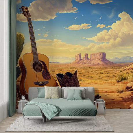 Desert music wallpaper creating warm ambiance in modern living room with guitar decor