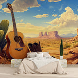 Home studio transformed by western guitar mural wallpaper