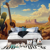 Desert guitar wallpaper creating depth in cozy bedroom setting