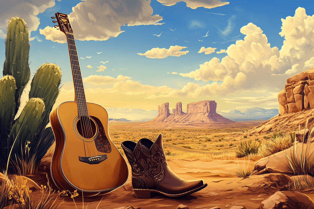Desert music wallpaper design file showing guitar silhouette against Monument Valley