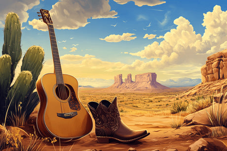 Desert music wallpaper design file showing guitar silhouette against Monument Valley