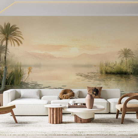 Desert oasis wallpaper creating a peaceful atmosphere in a modern living room with soft golden light and palm reflections