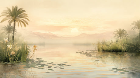 Desert oasis wallpaper design file showing detailed palm trees and sunset lake pattern