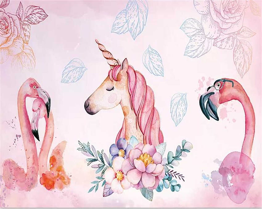 Kids Mural Wallpaper | Unicorn Princess and Flamingos in Pink