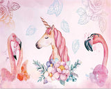 Kids Mural Wallpaper | Unicorn Princess and Flamingos in Pink
