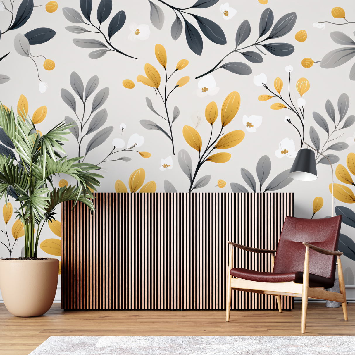Floral Mural Wallpaper | Grey and Gold Botanical Pattern