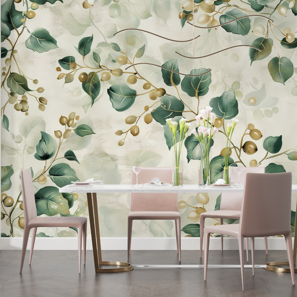 Floral Mural Wallpaper | Elegant Green Leaves with Golden Berries