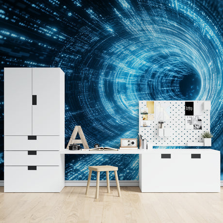 Digital vortex wallpaper in modern gaming room with blue tech lighting effects