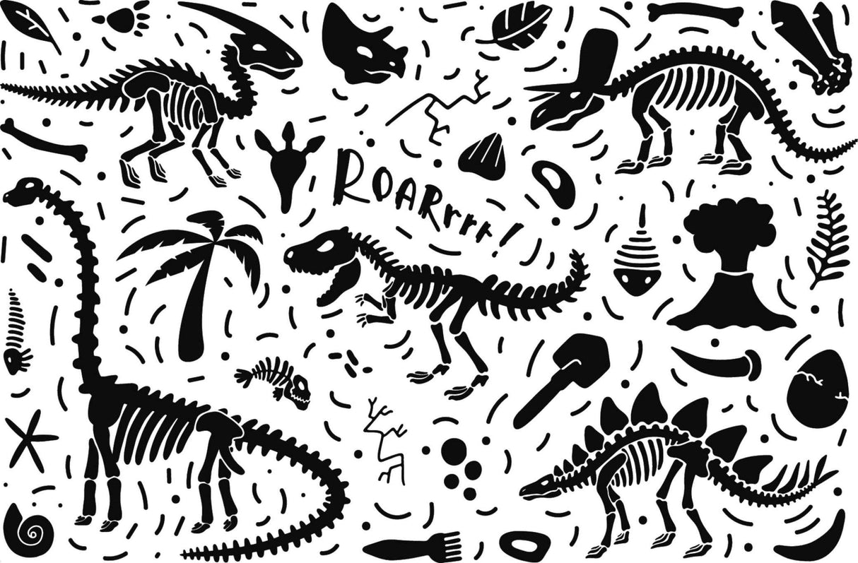 Dinosaur skeleton wallpaper design file showing detailed black and white fossil pattern
