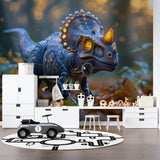Blue Neon T-Rex Dinosaur Wallpaper in modern kids bedroom with LED mood lighting