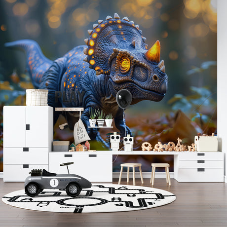 Blue Neon T-Rex Dinosaur Wallpaper in modern kids bedroom with LED mood lighting