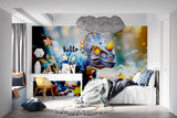 Dinosaur Wall Mural featuring glowing T-Rex in cozy teen gaming room