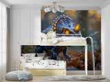 3D T-Rex Wallpaper with neon effects in stylish playroom setting