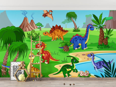 Cartoon Dinosaur Wallpaper brightening a modern kids bedroom with playful prehistoric scene