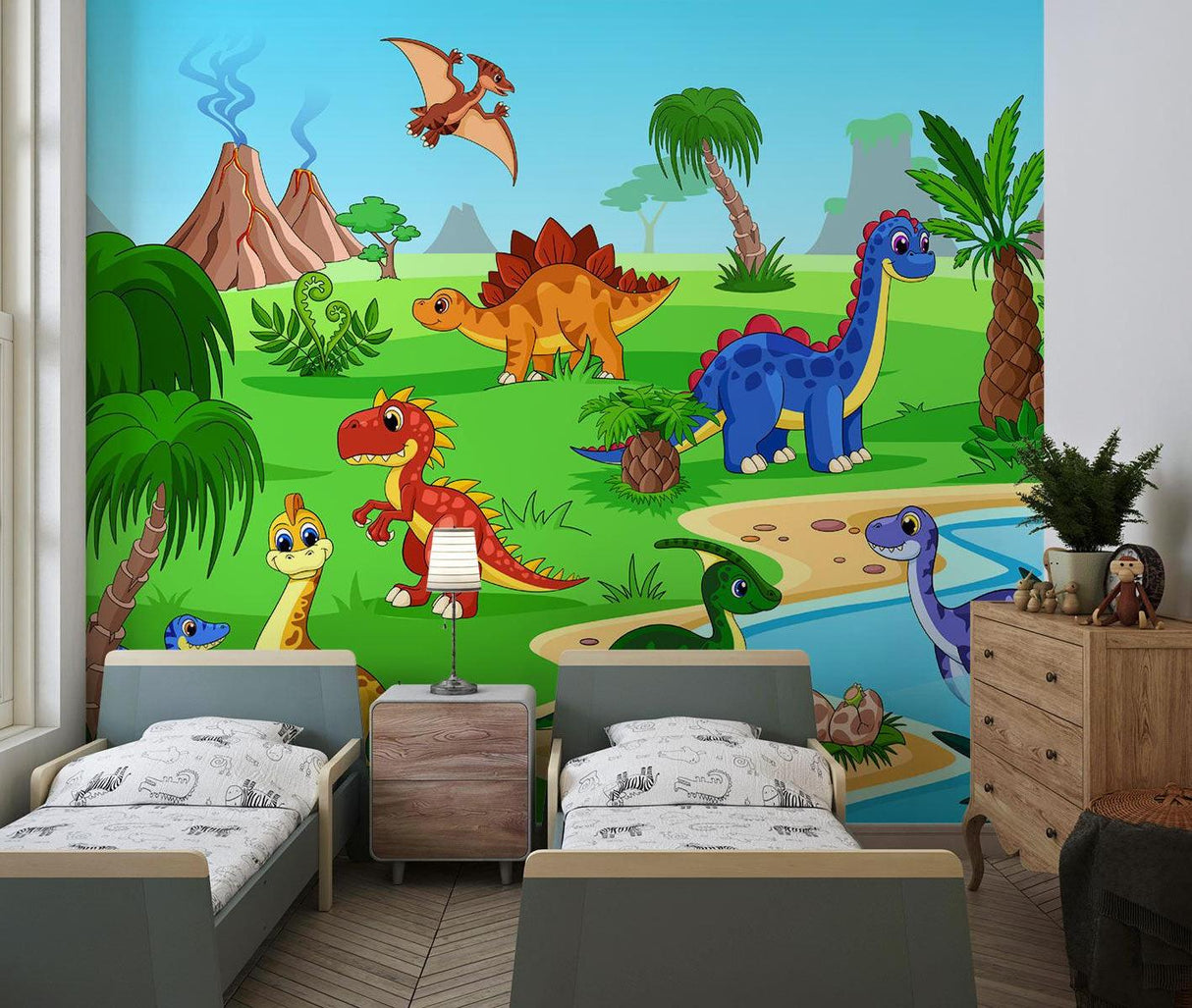 Children's study space with colorful dinosaur wall mural creating fun learning environment