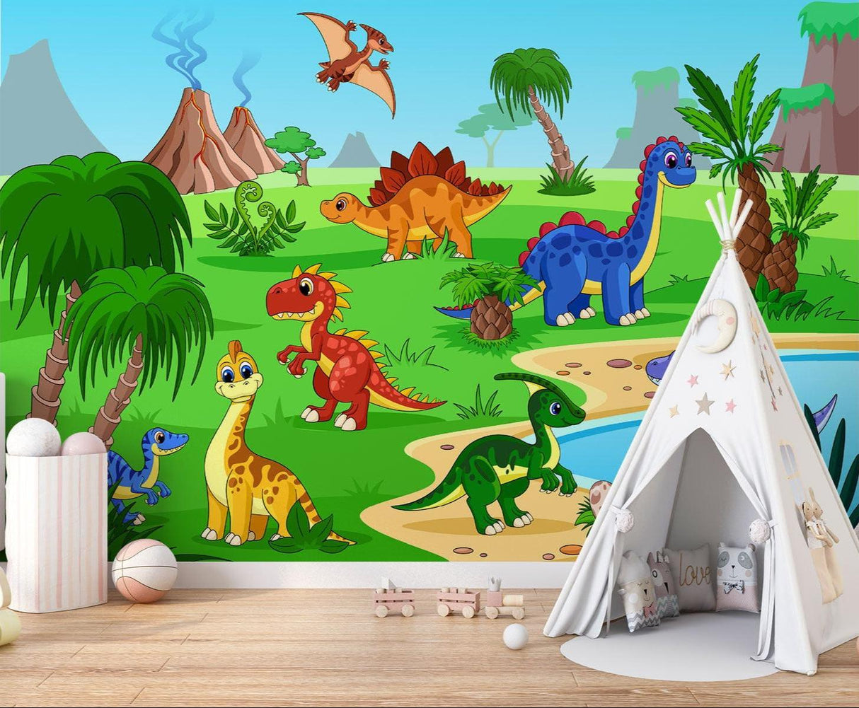 Nursery featuring cartoon dinosaur wallpaper with gentle colors and happy prehistoric creatures