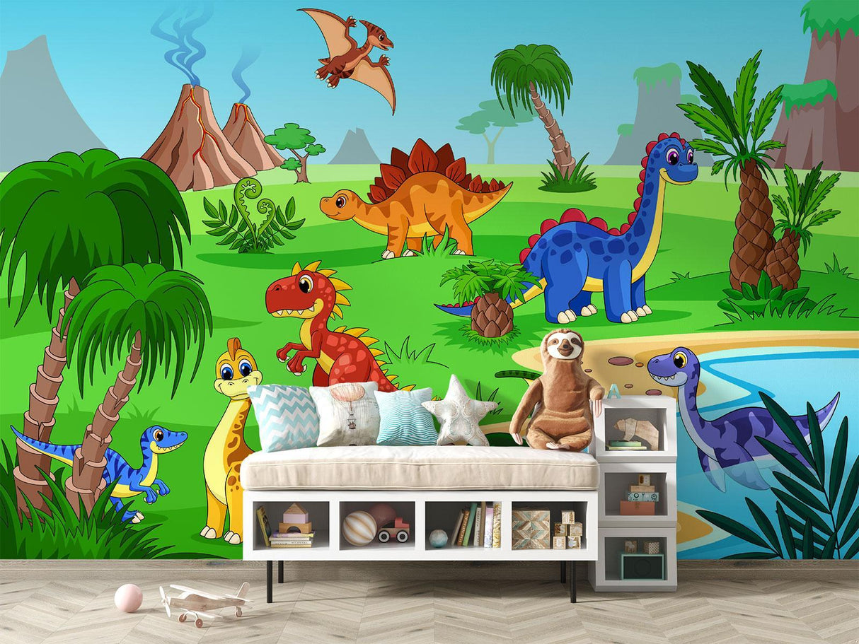 Kids bathroom transformed with cheerful dinosaur mural wallpaper design