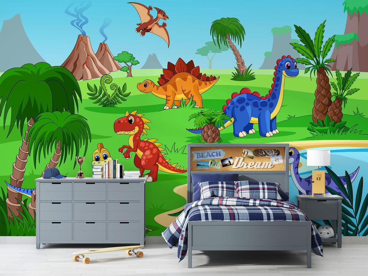 Daycare reading corner enhanced with friendly dinosaur wall mural theme