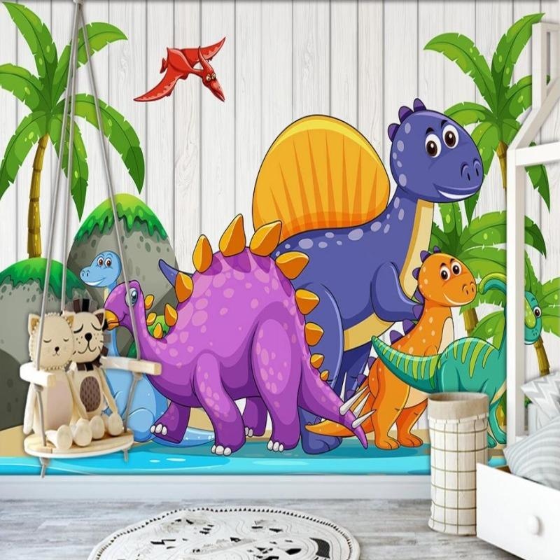 Cartoon Dinosaur Mural Wallpaper bringing joy to a bright kids bedroom with colorful prehistoric characters