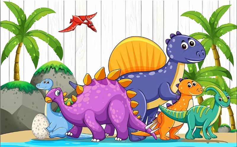 Cartoon Dinosaur Wallpaper design file showing friendly prehistoric characters on white background