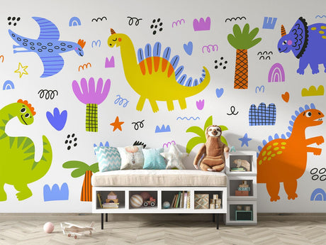 Dinosaur mural wallpaper bringing joy to a modern nursery with white furniture and natural light