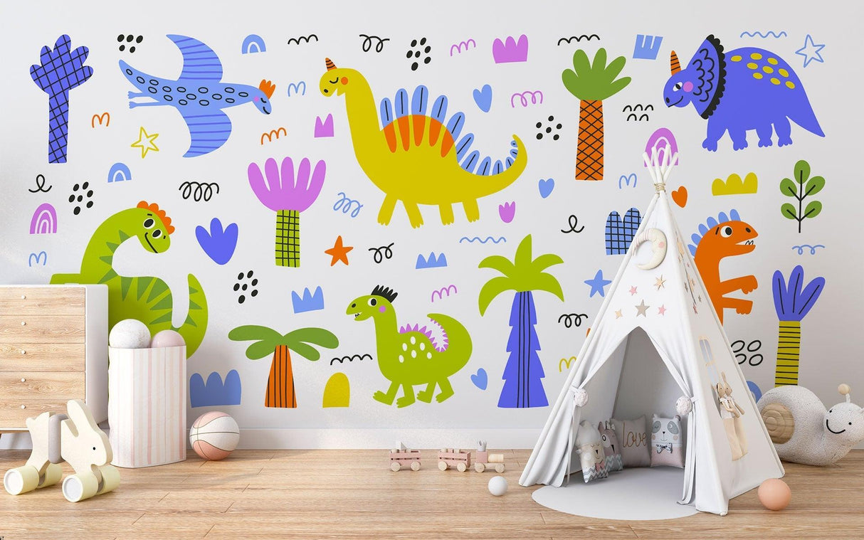 Kids bedroom with colorful dinosaur wallpaper creating a fun learning space