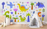 Kids bedroom with colorful dinosaur wallpaper creating a fun learning space