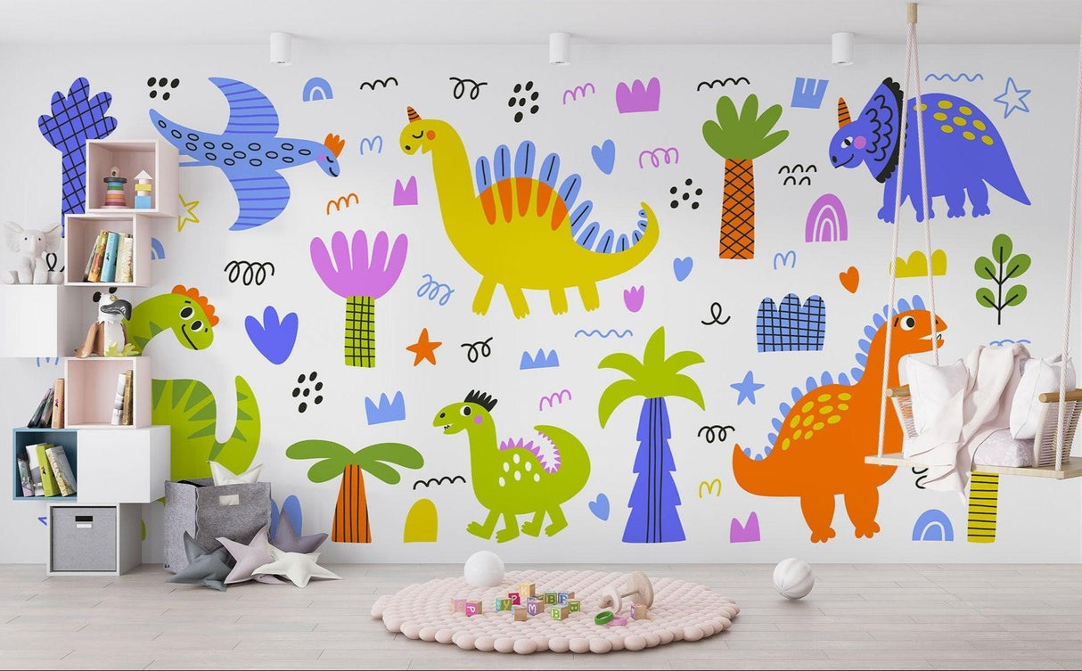 Playroom featuring friendly dinosaur wall mural with reading nook