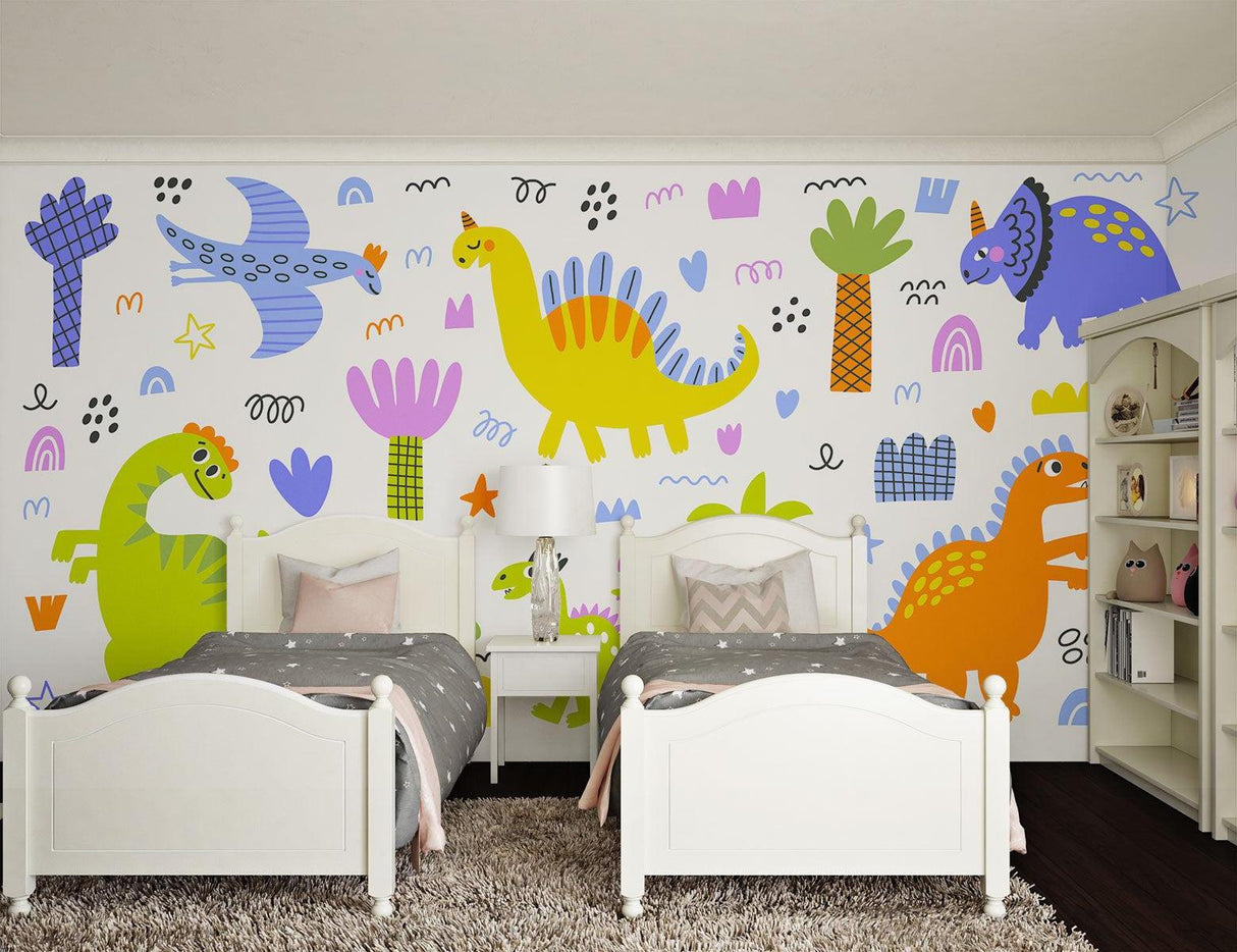Bright playful dinosaur wallpaper in a modern daycare setting