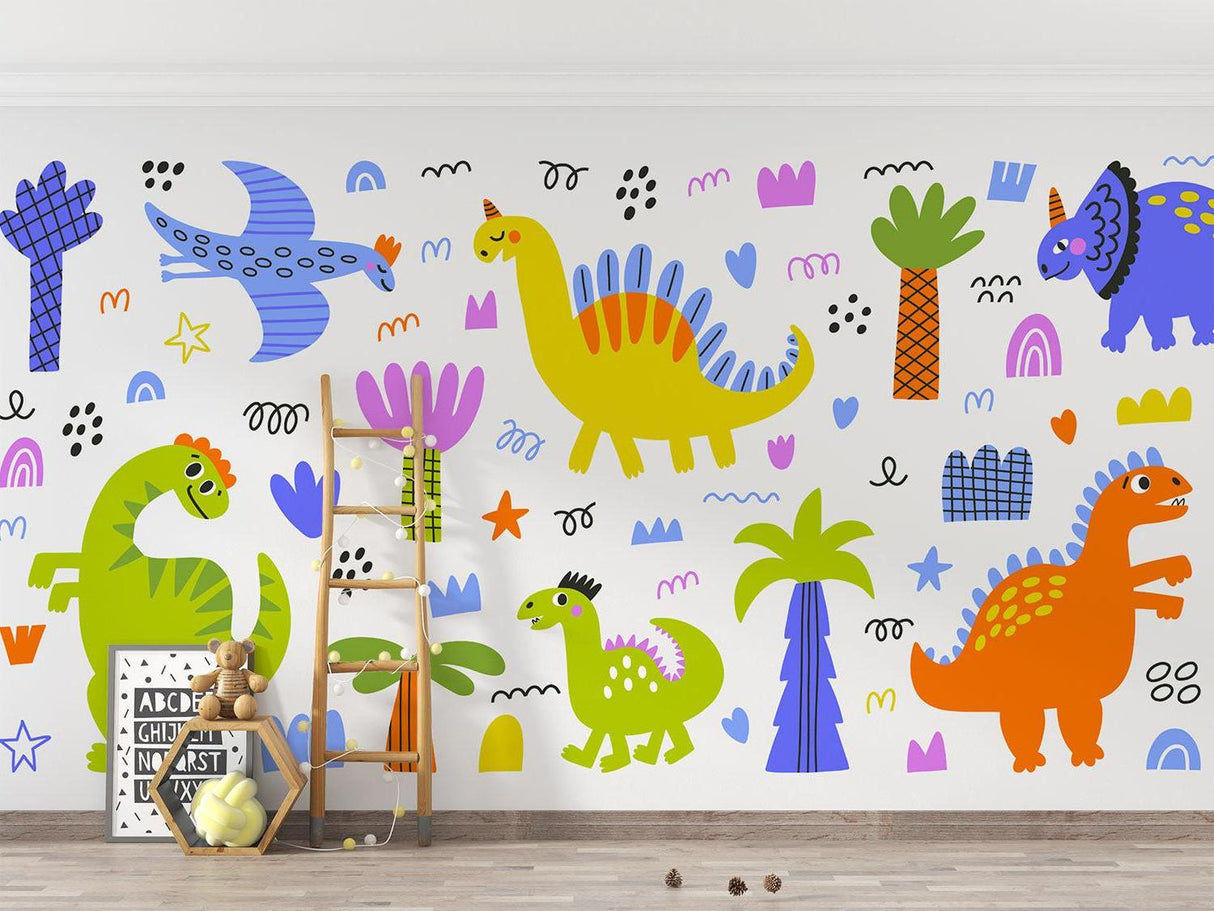 Child's study area with engaging dinosaur mural creating focus space