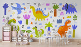 Toddler room showcasing cheerful dinosaur wall design with toy storage