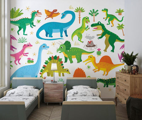 Dinosaur mural wallpaper bringing joy to a bright kids bedroom with colorful prehistoric scene