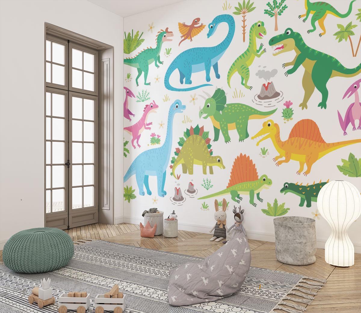 Playful dinosaur wallpaper transforming a modern playroom into an adventure zone