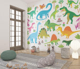 Playful dinosaur wallpaper transforming a modern playroom into an adventure zone