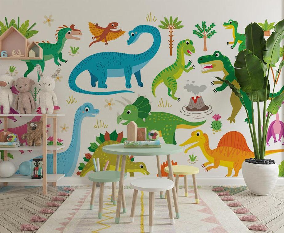 Kids dinosaur wall mural creating fun learning space in home classroom