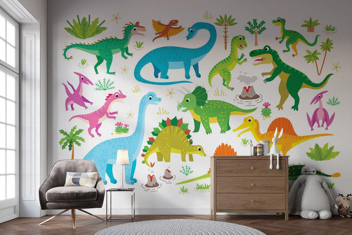Cartoon dinosaur mural adding character to nursery with soft lighting