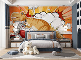 Dinosaur mural wallpaper with comic T-Rex biker bringing energy to a modern kids bedroom with blue accents