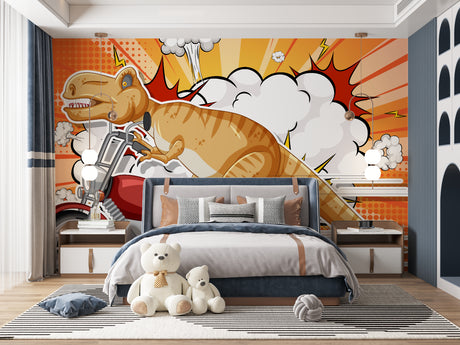 Dinosaur mural wallpaper with comic T-Rex biker bringing energy to a modern kids bedroom with blue accents
