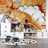 Comic style T-Rex wallpaper creating a fun atmosphere in a white playroom with colorful furniture