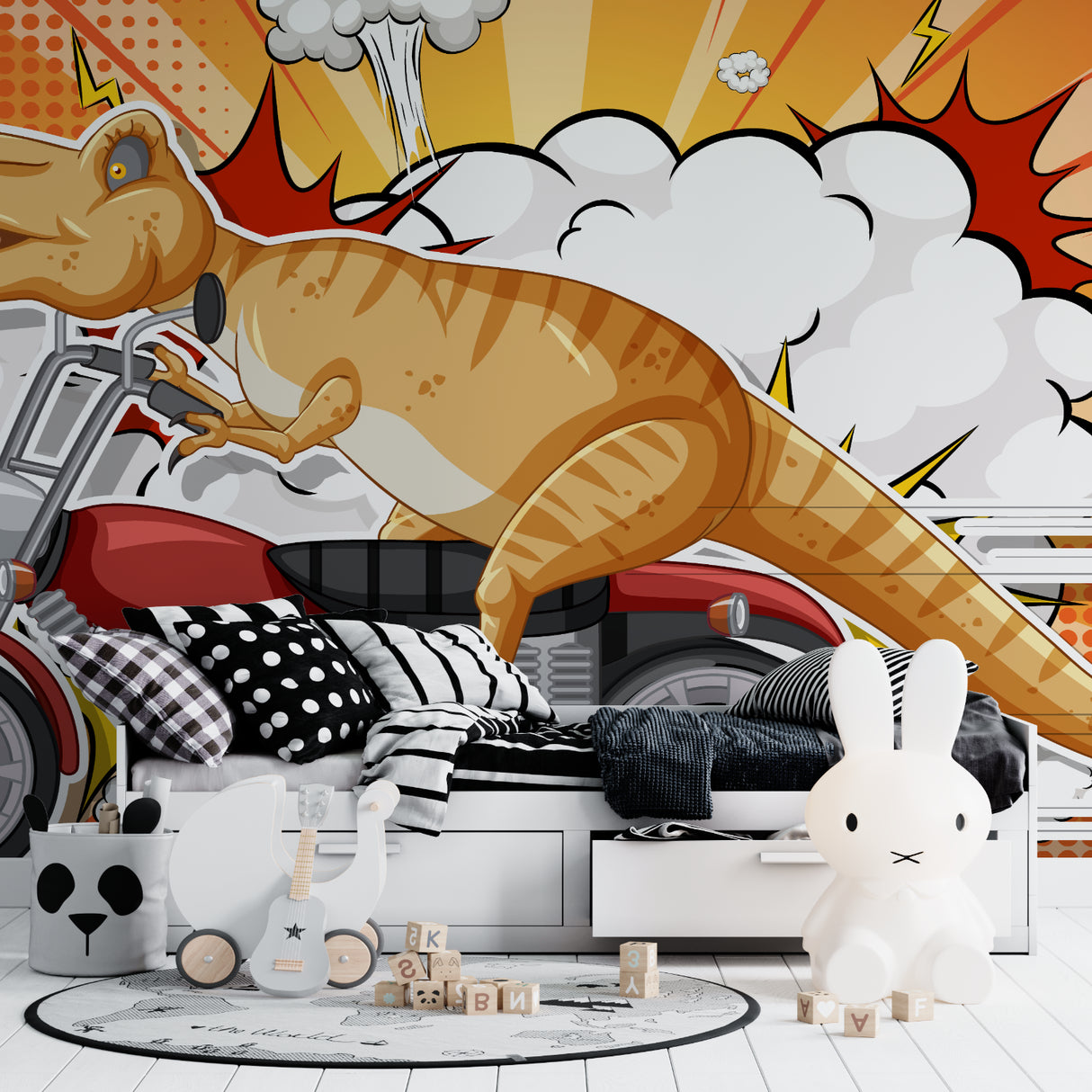 Dinosaur wall mural showcasing biker T-Rex in a teen gaming room with LED lights