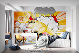 Comic dinosaur mural adding fun to a modern kids study corner with natural lighting