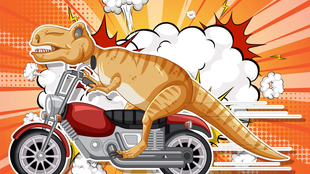 Design file of T-Rex biker dinosaur wallpaper showing comic book style pattern and vibrant colors