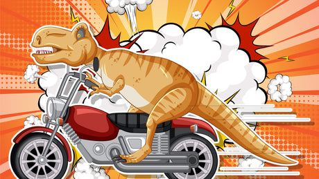 Design file of T-Rex biker dinosaur wallpaper showing comic book style pattern and vibrant colors