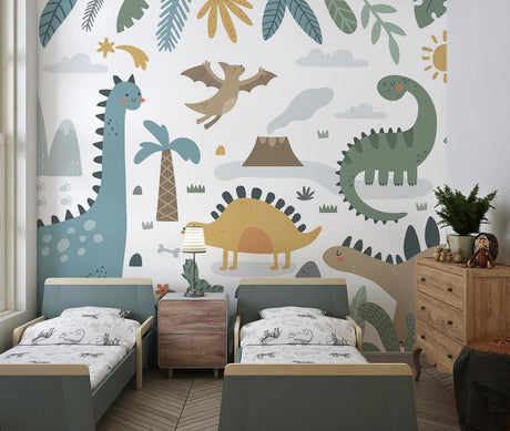 Dinosaur wall mural bringing joy to a bright nursery with white furniture and natural light