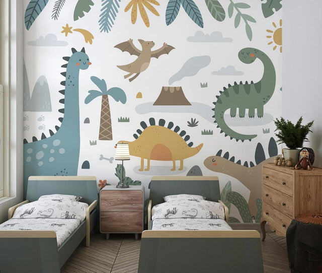 Dinosaur wall mural bringing joy to a bright nursery with white furniture and natural light