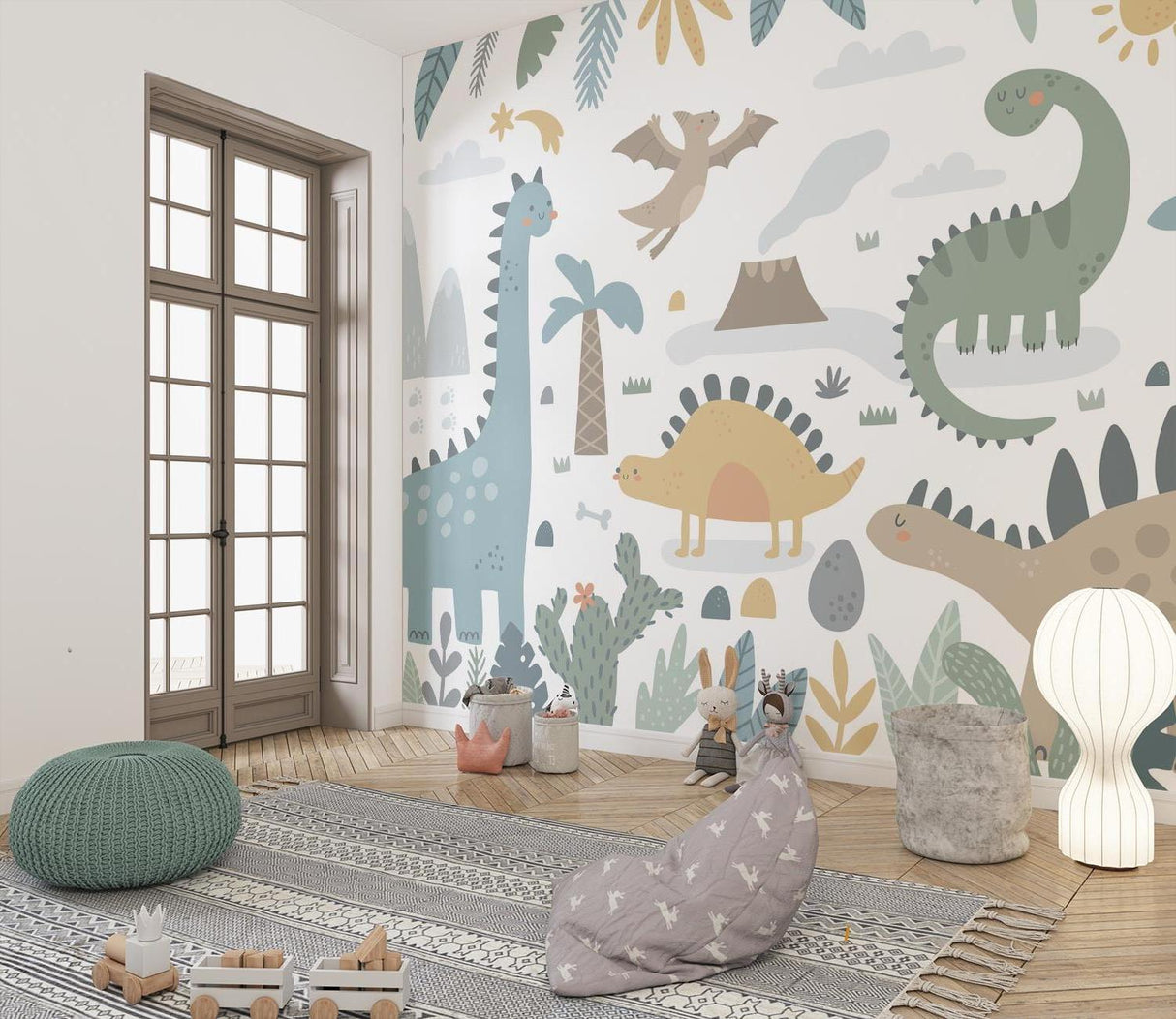 Kids bedroom featuring sweet dinosaur wallpaper with reading nook and play area